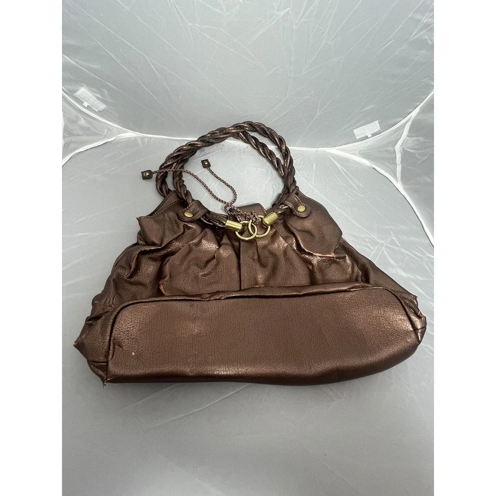 Metallic‎ Bronze Faux Leather Shoulder Bag Braided Handle Magnetic Closure